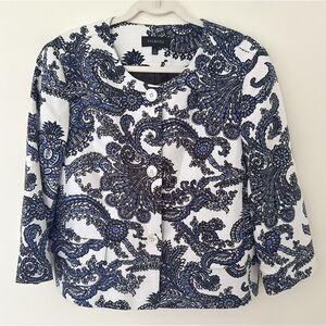 Talbots Paisley Blazer Jacket White Blue Lined 3/4 Sleeve Crop Career Formal 14